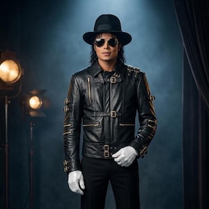 May include: A person wearing a black leather jacket with gold zippers and buckles, a black hat, sunglasses, and white gloves. The jacket has multiple straps and zippers. The background includes stage lights and a dark curtain.
