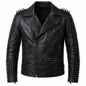 Men’s Studded Black Leather Biker Jacket Punk Rock Spiked Moto Coat Gift Him