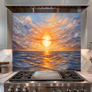 Ocean Sunset Glass Backsplash, Tempered Glass Backsplash for Kitchen, Coastal Sunset Art Glass Splashback, Decorative Stove Backsplash