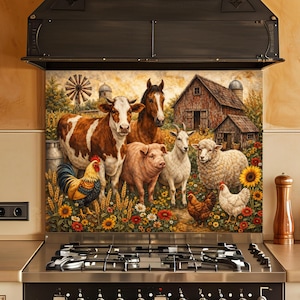 Farm Animal Barnyard Glass Backsplash, Tempered Glass Backsplash for Kitchen, Rustic Farmhouse Stove Backsplash, Glass Splashback Panel