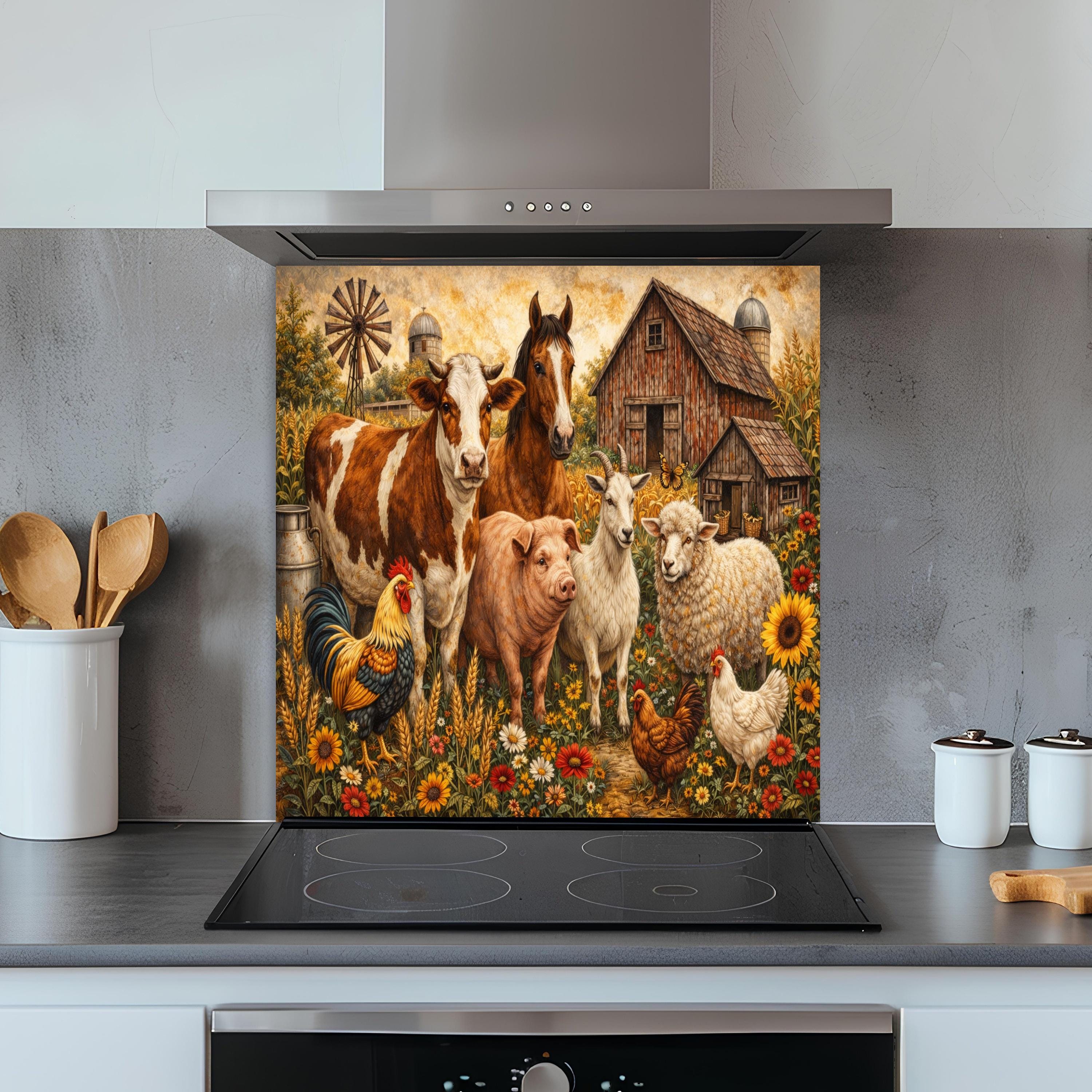 Farmyard Splashback Farm Animal Barnyard Glass Backsplash, Tempered Glass Backsplash for ...