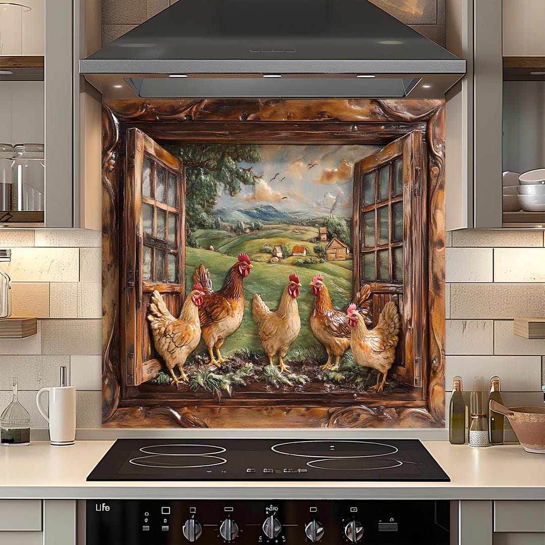 Farmhouse Chicken Window View Glass Backsplash, Rustic Rooster Kitchen ...