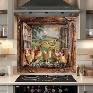 May include: A decorative kitchen backsplash featuring a framed window scene with five chickens. The chickens are brown and tan, with red combs, standing in front of a painted landscape of rolling green hills and a blue sky.