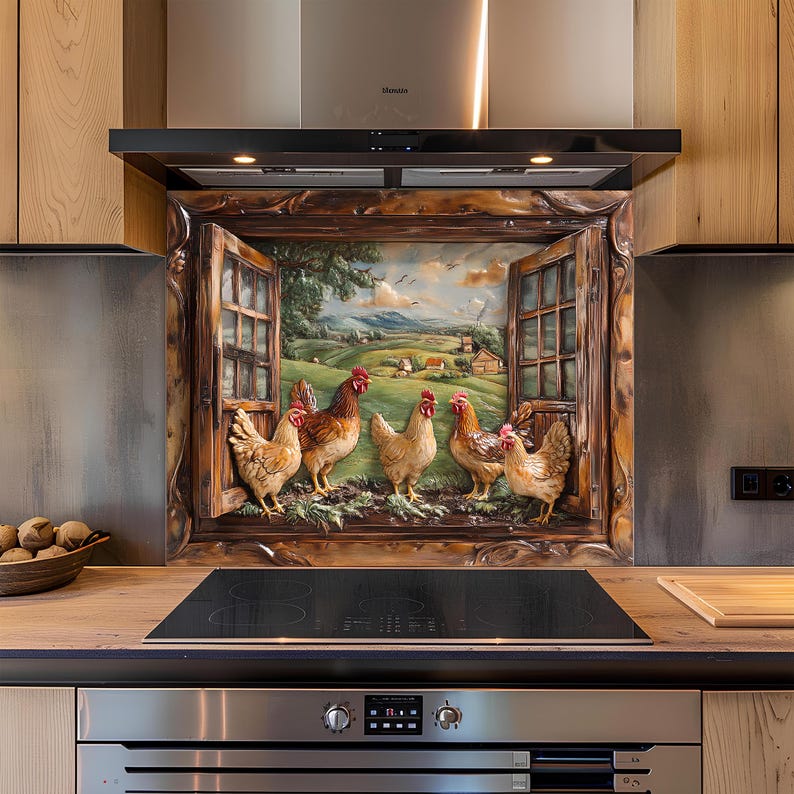 Farmhouse Chicken Window View Glass Backsplash, Rustic Rooster Kitchen ...