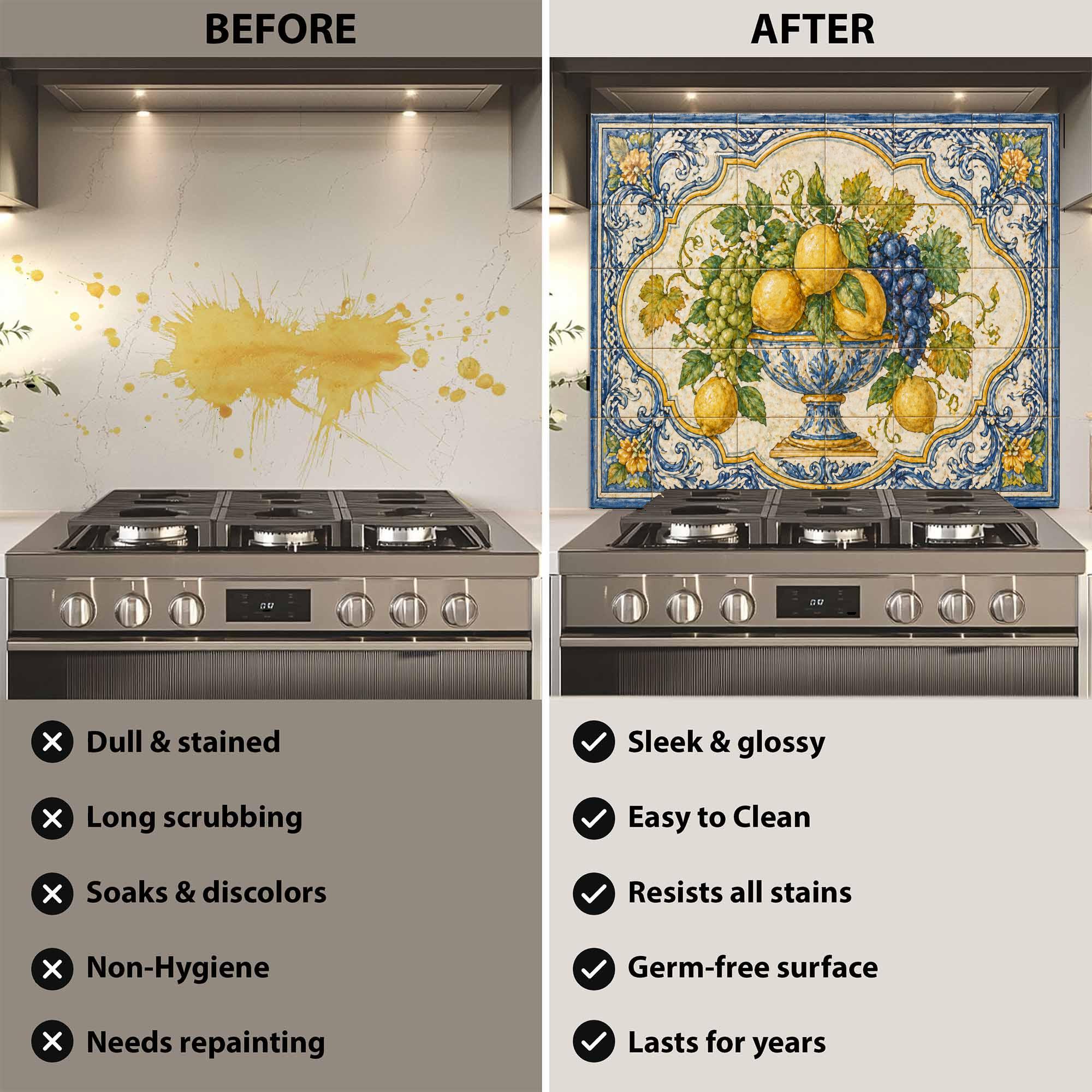 Lemon Splashbacks Mediterranean Fruit Tile Glass Backsplash, Tempered Glass Backsplash ...