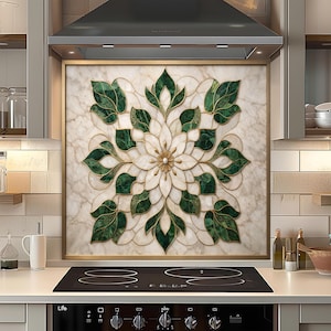 Salpicadero de vidrio con efecto mármol verde esmeralda, salpicadero de vidrio templado para cocina, protector contra salpicaduras de vidrio con aspecto de mármol floral, protector contra salpicaduras para estufa.