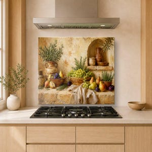 Tuscan Fruits Glass Backsplash, Tempered Glass Backsplash for Kitchen, Tuscan Kitchen Backsplash Behind Stove, Stove Backsplash Panel
