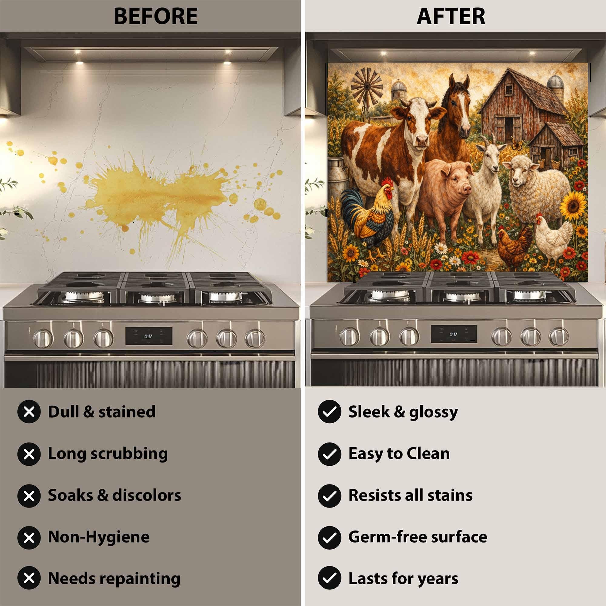 Farmyard Splashback Farm Animal Barnyard Glass Backsplash, Tempered Glass Backsplash for ...