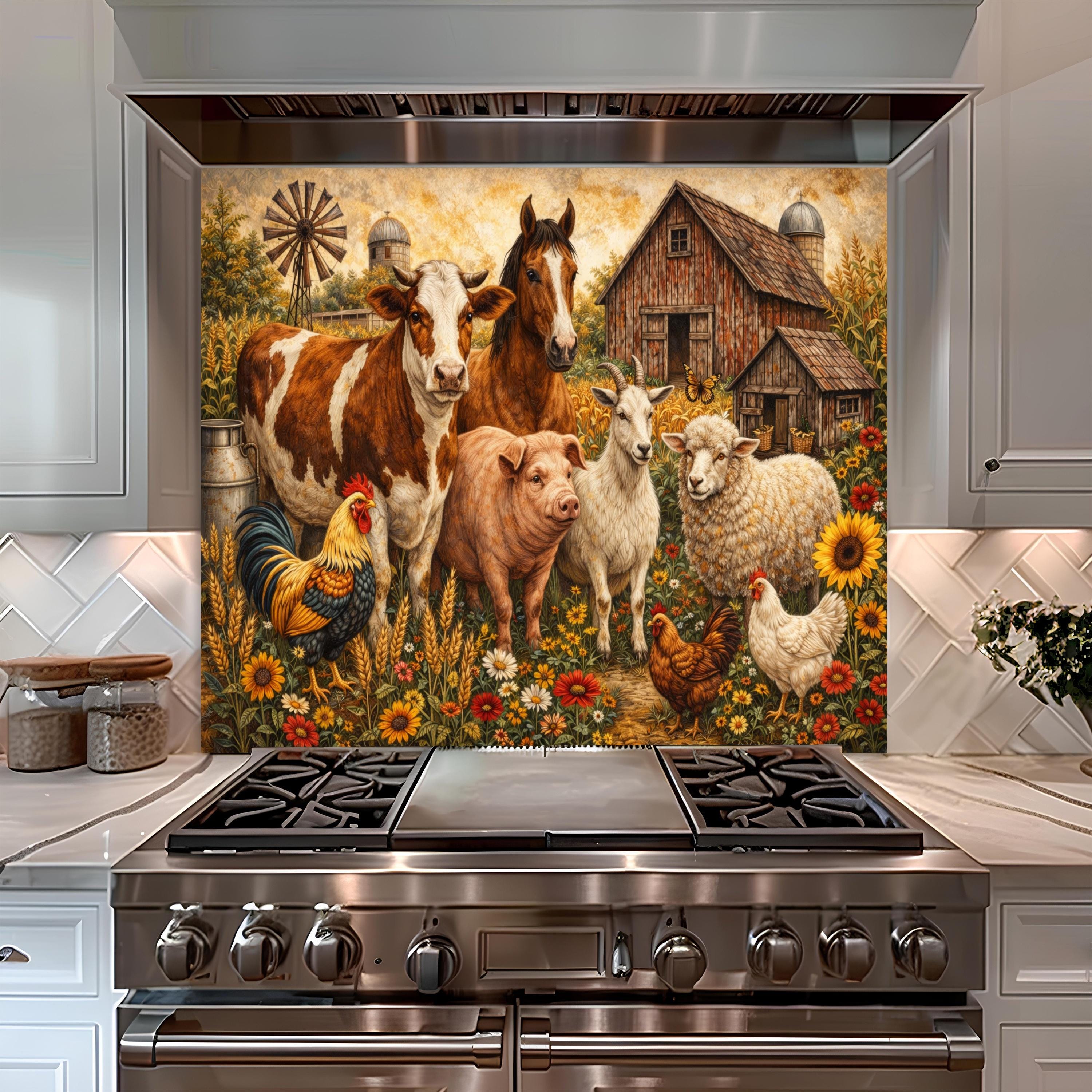 Farmyard Splashback Farm Animal Barnyard Glass Backsplash, Tempered Glass Backsplash for ...