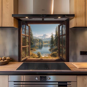 May include: A kitchen with a stainless steel oven and hob. A window above the hob displays a scenic view of a lake and mountains. The window is framed in dark wood. Wooden cabinets and a wooden worktop complete the kitchen.