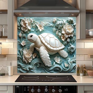 May include: A white sea turtle swims amidst white flowers and blue water, a 3D-style design. The background is a light blue color. The design is on a kitchen backsplash.