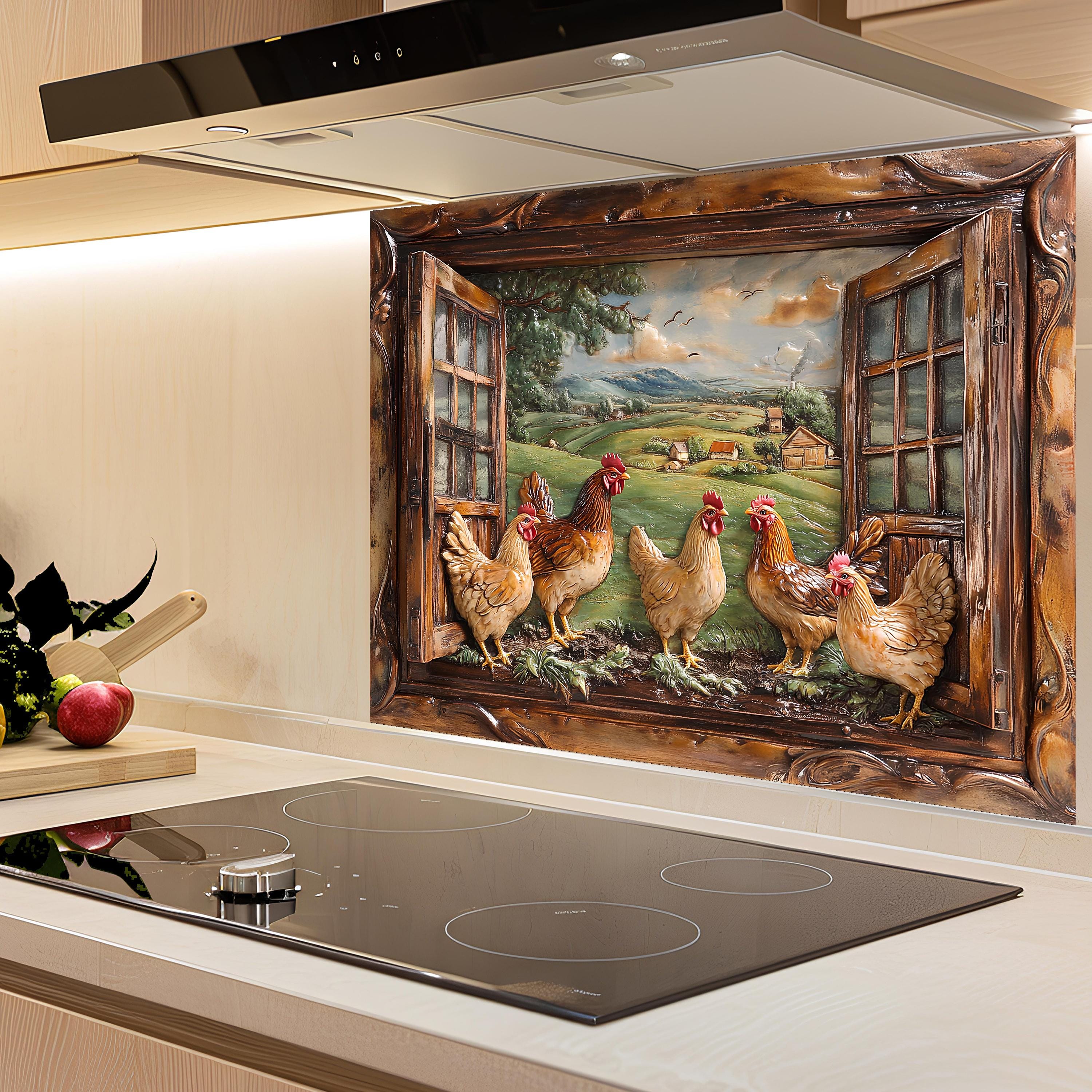 Farmhouse Chicken Window View Glass Backsplash, Rustic Rooster Kitchen ...