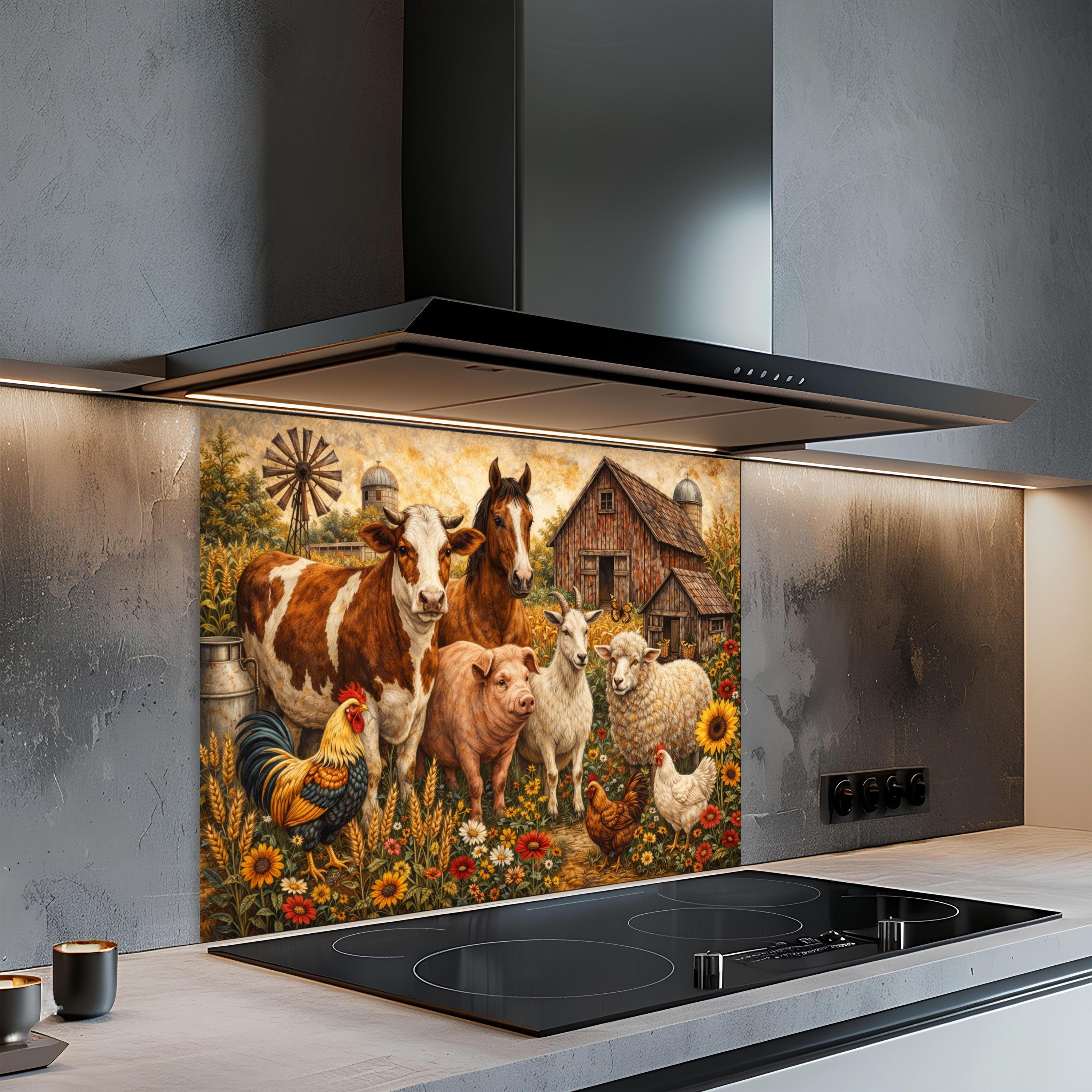 Farmyard Splashback Farm Animal Barnyard Glass Backsplash, Tempered Glass Backsplash for ...