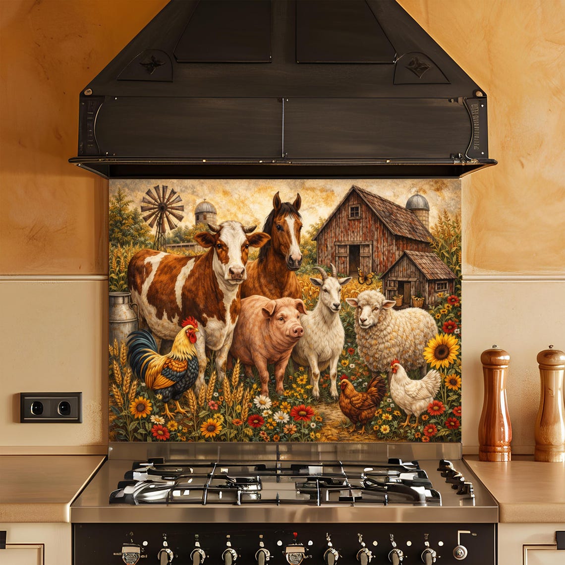 Farmyard Splashback Farm Animal Barnyard Glass Backsplash, Tempered Glass Backsplash for ...