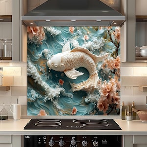 May include: A decorative kitchen backsplash featuring a white koi fish swimming in a turquoise ocean with white waves and pink cherry blossoms. The artwork is mounted above a black stovetop.
