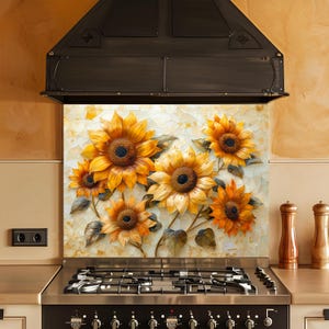 Può includere: Un paraschizzi da cucina decorativo con un vivace design di girasoli. I girasoli sono resi in tonalità di giallo e arancione, con petali dettagliati e centri marrone scuro. Lo sfondo ha un effetto mosaico.