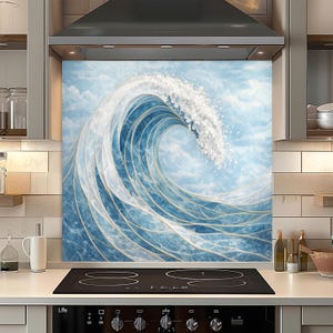 May include: A kitchen splashback with a design of a large ocean wave. The wave is rendered in shades of blue and white, with detailed lines and a foamy crest. The background shows a light blue sky with clouds.