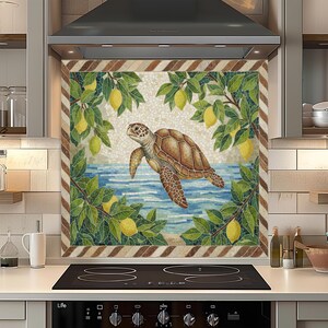 May include: A decorative kitchen backsplash featuring a mosaic design. The artwork depicts a sea turtle swimming in blue water, surrounded by lemon tree branches with yellow lemons. The border has a brown and white striped pattern.