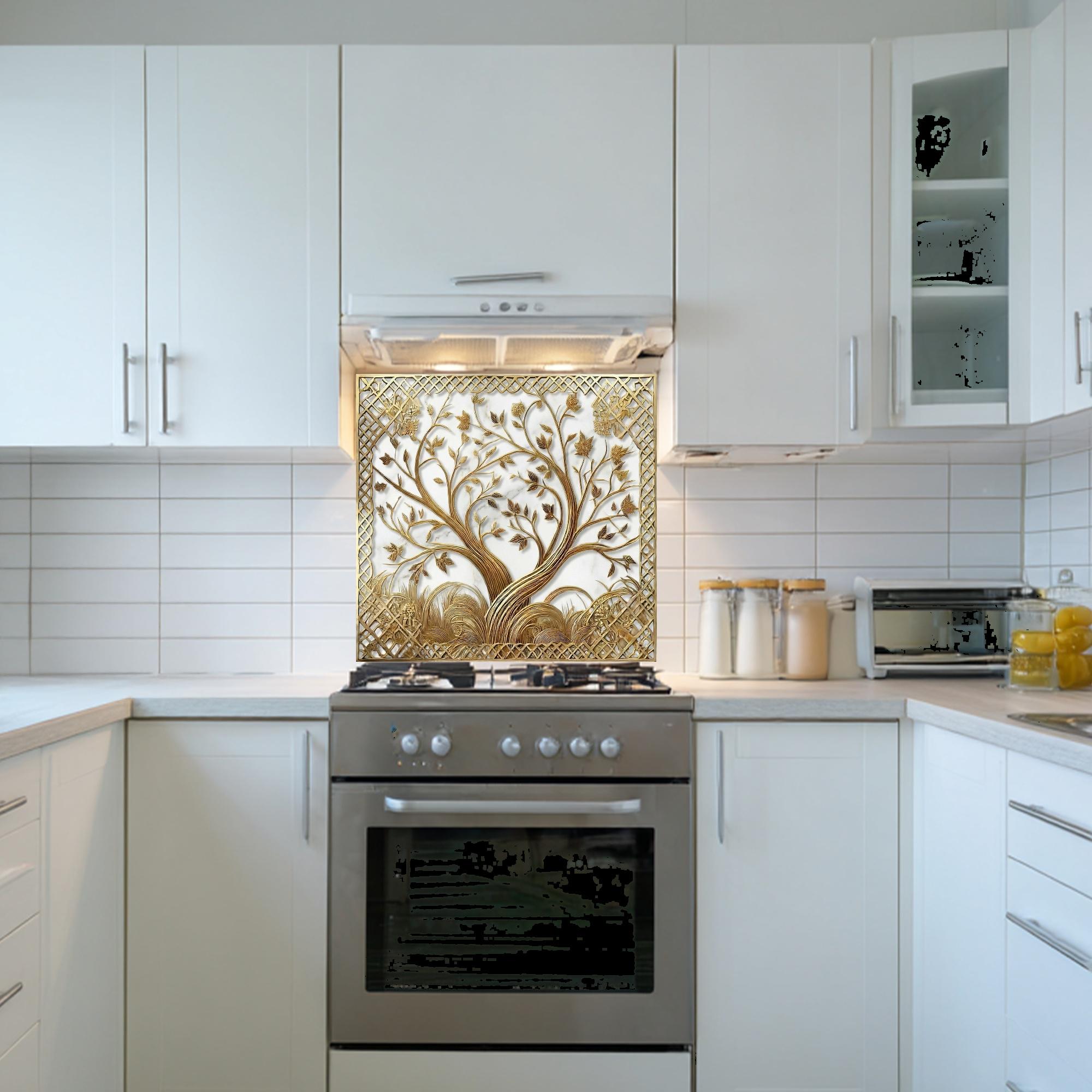 Gold Tree of Life Glass Backsplash, Marble Look Tempered Glass ...