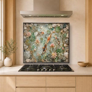 Puede incluir: Una pieza de arte mural rectangular que muestra una escena detallada de tres peces koi nadando entre flores de loto de color rosa claro, nenúfares verdes y varias piedras de río lisas en un entorno de agua azul claro con un marco oscuro.