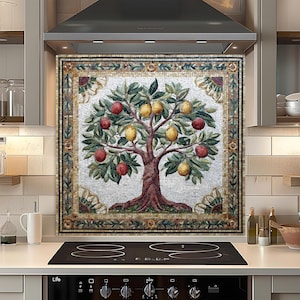 May include: A mosaic backsplash featuring a tree with red and yellow fruit. The tree is centered within a decorative border of green, gold, and white tiles. The backsplash is installed above a black cooktop.