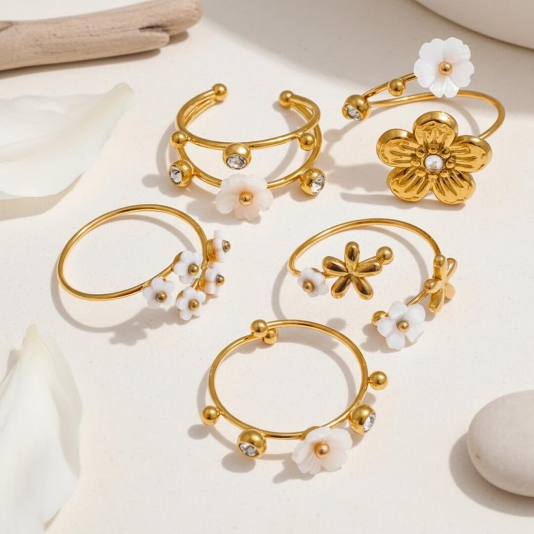 Gold Adjustable Flower Ring for Women, Minimalist White Enamel Daisy ...