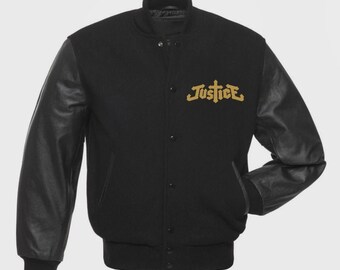 Chaqueta de béisbol universitaria de lana y cuero negra Letterman Justice Cross para hombre