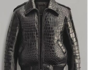 Chaqueta de piel de cocodrilo negra para hombre, estilo motero de lujo, hecha a mano en piel auténtica.