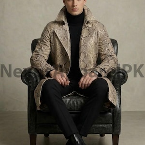 Handmade Snakeskin Print Leather Trench Coat, High Fashion Jacket
