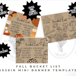 May include: Three digital mini-banner templates for a Fall Bucket List, featuring brown backgrounds with black line art illustrations of pumpkins, leaves, acorns, and seasonal activities. Text includes Fall Bucket List and tasks like Visit a Pumpkin Patch, Make Smores, and Carve a Pumpkin.