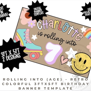 May include: A rectangular birthday banner template featuring the text Charlotte is rolling into 7. The design includes a teal and pink roller skate, a yellow smiley face, a rainbow, and flowers on a tan background. The banner measures 3ft by 5ft.