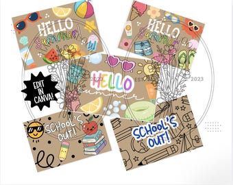 Modèles de bannière Hello Summer, Maquettes de bannière Canva, Modèles de bannière de sortie de l'école, Modèle de bannière de fin d'année scolaire, Modèle Canva