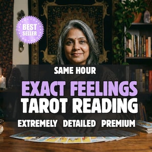 May include: A person with grey hair sits behind a wooden table with tarot cards spread out. Text overlay reads: BEST SELLER, SAME HOUR, EXACT FEELINGS TAROT READING, EXTREMELY DETAILED PREMIUM. The background features a dark tapestry and bookshelves.