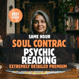 May include: A person with grey hair sits behind a wooden table with tarot cards spread out. Text reads: BEST SELLER, SAME HOUR SOUL CONTRAC PSYCHIC READING, EXTREMELY DETAILED PREMIUM. The background features a dark tapestry and a bookshelf with books.