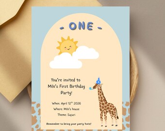 Modèle d'invitation d'anniversaire Safari / Modifiable sur Canva / Premier anniversaire de bébé / Girafe