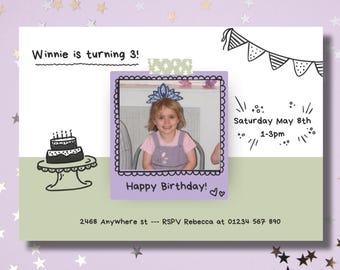 Modèle d'invitation d'anniversaire ludique / Photo Polaroid et illustrations dessinées à la main / Modifiable sur Canva