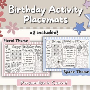 Manteles individuales para fiestas de cumpleaños / Florales / Espaciales / Rayados / Juegos para colorear / Personalizables / Imprimibles
