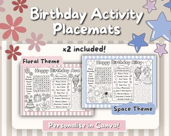 Napperons d'activités pour fête d'anniversaire / À fleurs / Espace / Thème à rayures / Jeux à colorier / Personnalisable / Imprimable