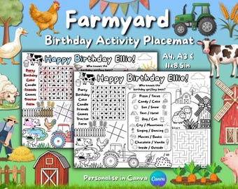Napperon d'activité sur le thème de la basse-cour / Fête d'anniversaire / Feuille à colorier / Modifiable / Imprimable / Grange avec tracteur animaux de la ferme