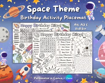 Napperon d'activités sur le thème de l'espace / Fête d'anniversaire / Feuille à colorier / Modifiable / Imprimable / Espace