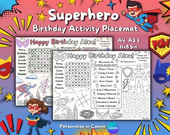 Napperon d'activité sur le thème des super-héros / Fête d'anniversaire / Feuille à colorier / Modifiable / Imprimable / Avengers