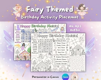 Napperon d'activités sur le thème des fées / Fête d'anniversaire / Feuille à colorier / Imprimable