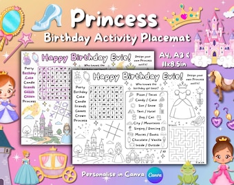 Napperon d'activités sur le thème de la princesse / Fête d'anniversaire / Feuille à colorier / Modifiable / Imprimable