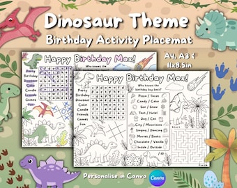 Napperon d'activité sur le thème des dinosaures / Fête d'anniversaire / Feuille à colorier / Modifiable / Imprimable / T-Rex