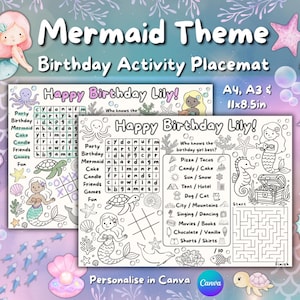 Puede incluir: Un mantel individual de actividades de cumpleaños con temática de sirenas con el texto "Happy Birthday Lily!" incluye búsquedas de palabras, tres en raya y un laberinto. El mantel individual mide 27,9 x 21,6 cm.