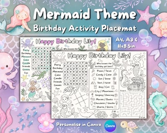 Napperon d'activités sur le thème des sirènes / Fête d'anniversaire / Feuille à colorier / Modifiable / Imprimable / Sous la mer