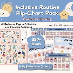 May include: An "Inclusive Routine Flip-Chart Pack" with "Morning & Evening" themes. The pack includes pages for medicine and disability aids, morning and evening routines, and over 330 icons. The text "Fully Editable in Canva!" is also visible.