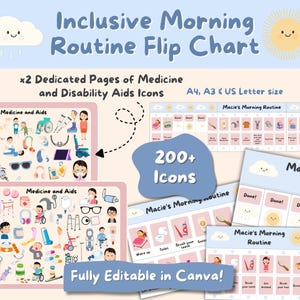 Inclusive Morning Routine Flip Chart / Disability Aids and Medicine Icons  / Editable Kids Tasks Independence