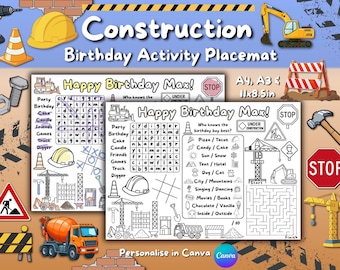 Napperon d'activité sur le thème de la construction / Fête d'anniversaire / Feuille à colorier / Modifiable / Imprimable / Diggers