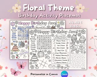 Napperon d'activités sur le thème floral / Fête d'anniversaire / Feuille à colorier / Imprimable